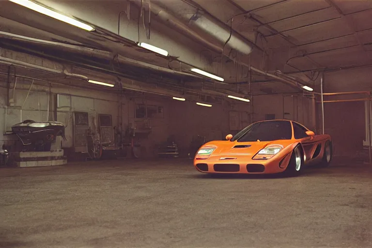 Prompt: McLaren F1, inside of an unlit 1970s auto repair garage, ektachrome photograph, volumetric lighting, f8 aperture, cinematic Eastman 5384 film