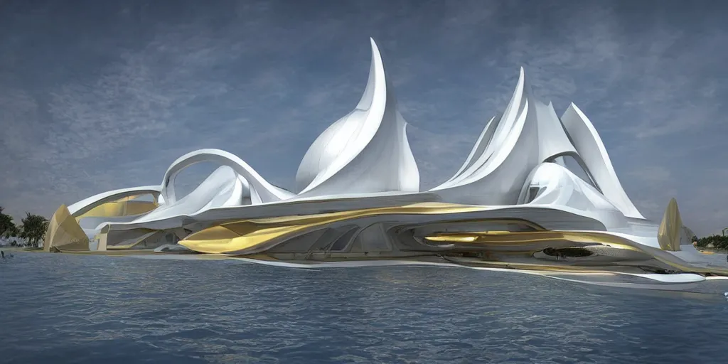 Image similar to mosque floating spaceship by zaha hadid, golds fantasy world