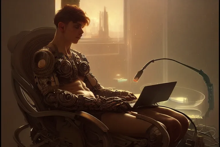 Image similar to ultra realistic, beautiful male plugged into the internet, sitting in chair, vr, sci - fi, intricate details, eerie, highly detailed, octane render, 8 k, art by artgerm and alphonse mucha and greg rutkowski