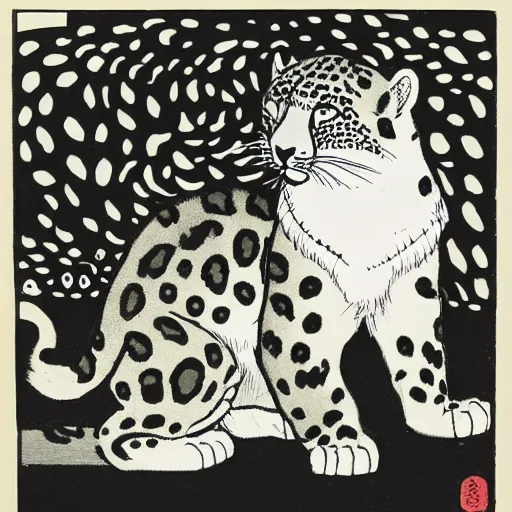 Image similar to A snow leopard smoking a pipe, woodblock print, by Aubrey Beardsley