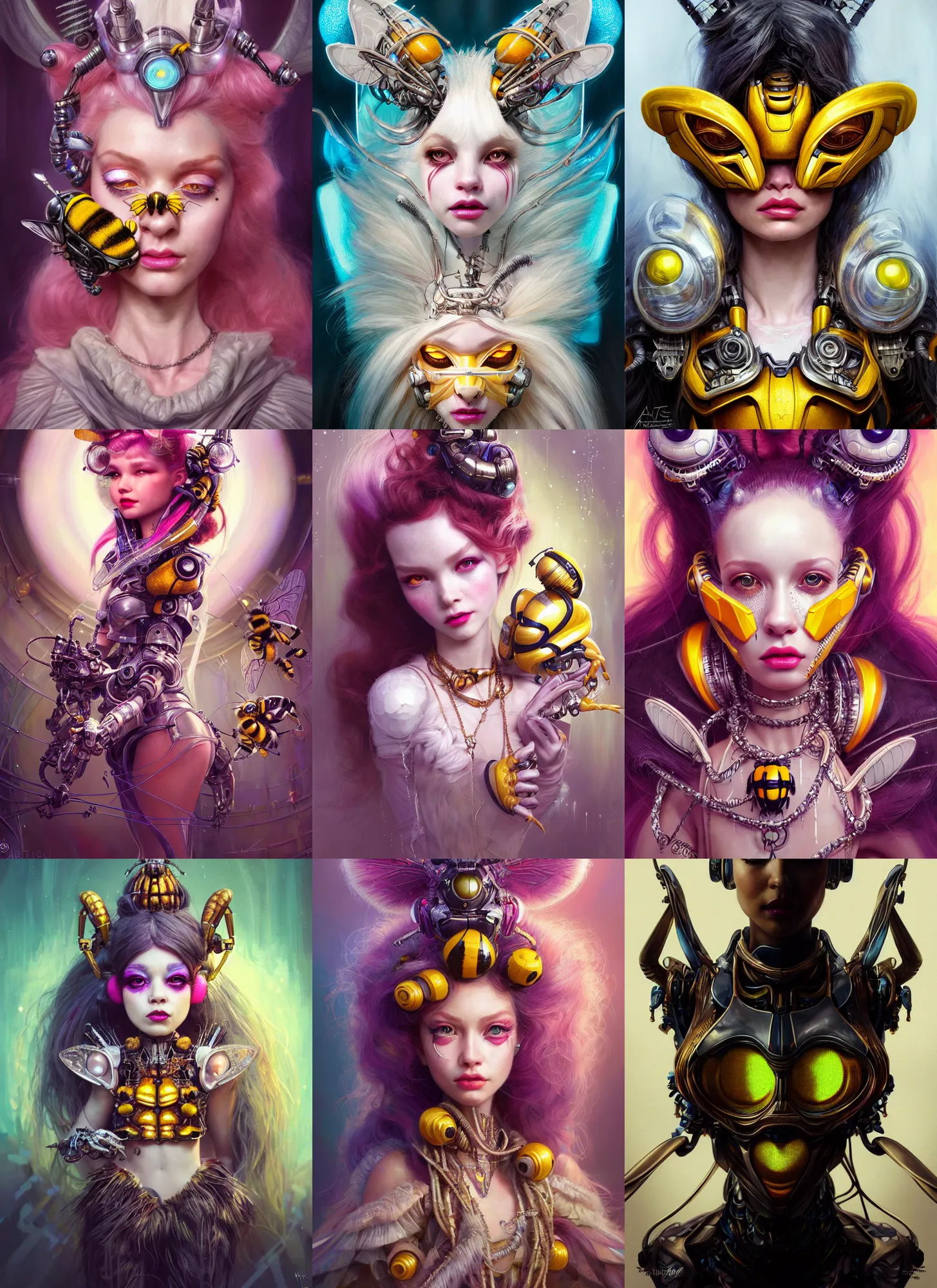 Prompt: disney weta portrait, soft lustrous biotech raver white clowncore bumblebee chain cyborg, hi - fructose, sci - fi, fantasy, cyberpunk, intricate, decadent, highly detailed, digital painting, ever after high, octane render, artstation, concept art, smooth, sharp focus, illustration, art by artgerm, mucha, wlop