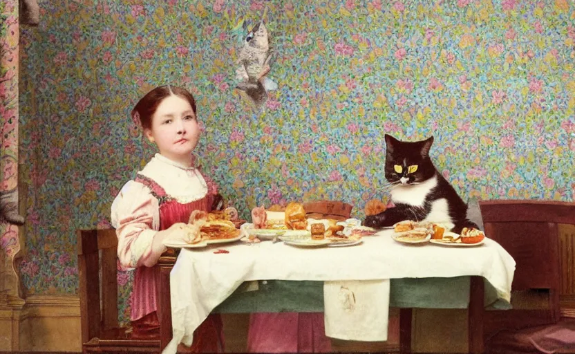 Image similar to a girl has breakfast with her cat at the table filled with food, flowery wallpaper, 1 8 8 0 s style, professional photography, color