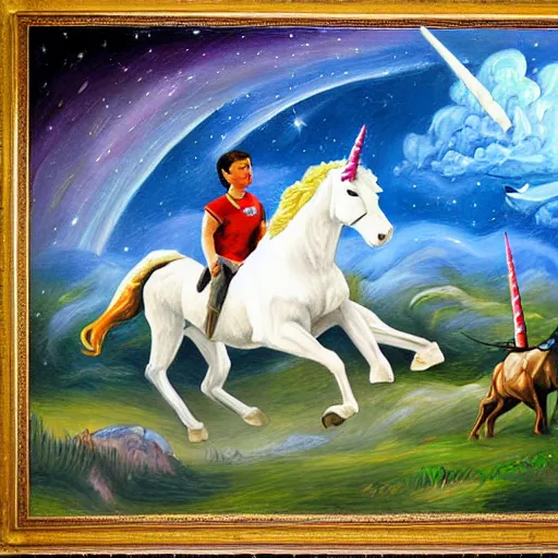 Image similar to wesley crusher riding a unicorn into battle oil painting