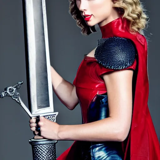 Prompt: taylor swift posing holding excalibur sword, high quality studio photograph