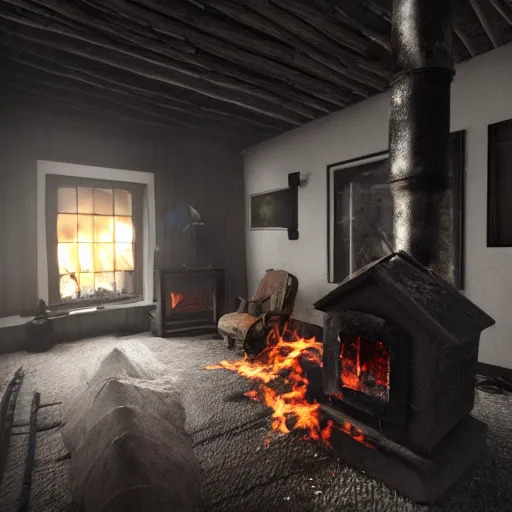 Prompt: photorealistic interior rendering of a hebridean crofter's black house, scotland, fire in center, smoke, old ancient architecture, traditional, volumetric lighting, unreal engine render