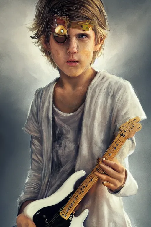 Prompt: blonde wild hair boy playing fender stratocaster, eye - patch, close - up portrait, plain white tshirt, powerfull, intricate, elegant, volumetric lighting, scenery, digital painting, highly detailed, artstation, sharp focus, illustration, concept art, steve mccurry