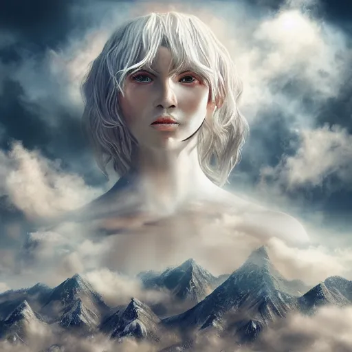 Prompt: a colossal goddess is watching us from above, creative, albino skin, giant, digital art, highly detailed, photo manipulation, clouds, town, covered in clouds, covered by clouds, white hair, digital painting, artstation