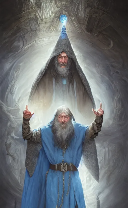 Image similar to portrait of a middle aged elf with a long beard, dressed in a blue cloak, brown grey hair, raised hand, clock iconography, detailed face, fantasy, highly detailed, cinematic lighting, digital art painting by greg rutkowski