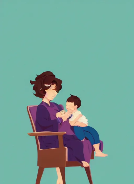 Prompt: a mother with short wavy curly light brown hair is sitting in a chair cradling a newborn baby. clean cel shaded vector art. shutterstock. behance hd by lois van baarle, artgerm, helen huang, by makoto shinkai and ilya kuvshinov, rossdraws, illustration, art by ilya kuvshinov