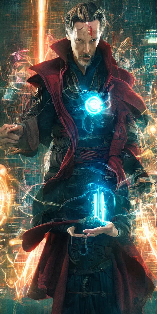 Image similar to cyberpunk, dr strange, photograph, cyborg, robot,, cinematic,