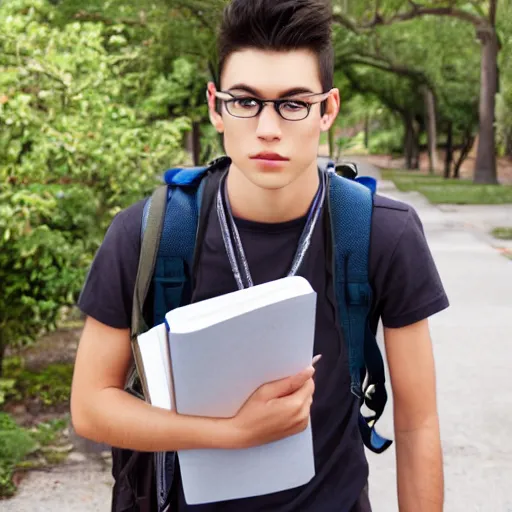 Image similar to portrait hyperrealism art realism student holding his notebooks with his backpack on