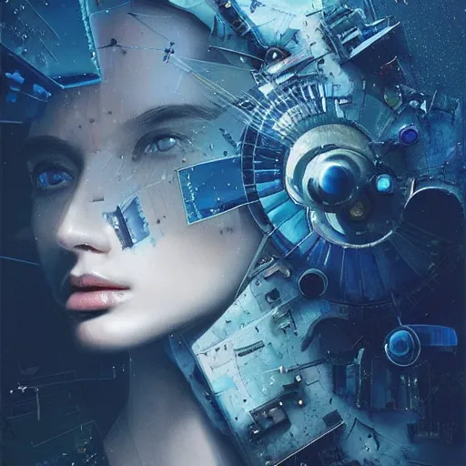 Prompt: 3 d, sci - fi, close - up, night, sleepy fashion model face, moon rays, cinematic, clouds, sun rays, vogue cover style, poster art, blue mood, realistic painting, intricate oil painting, high detail illustration, figurative art, multiple exposure, poster art, 3 d, by tooth wu and wlop and beeple and greg rutkowski