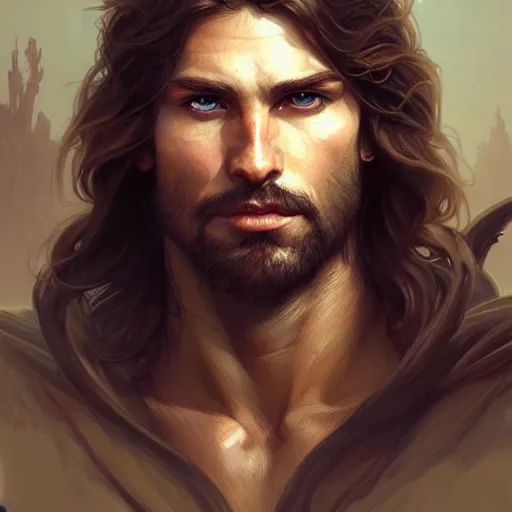 Image similar to Portrait of rugged male ranger, D&D, amber eyes, face, long hair, muscular, fantasy, intricate, elegant, highly detailed, digital painting, artstation, concept art, smooth, sharp focus, illustration, art by artgerm and greg rutkowski and alphonse mucha