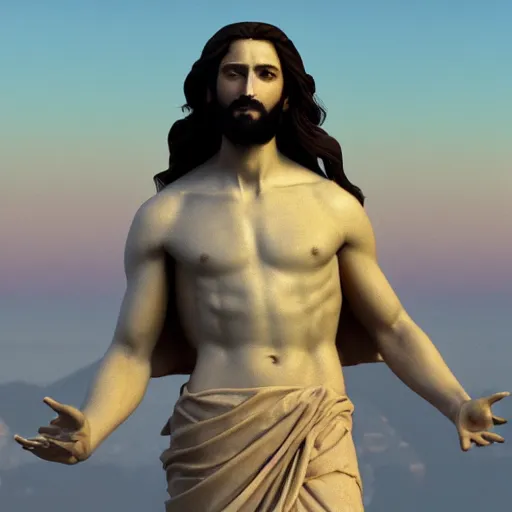 Image similar to an extremely detailed sculpture of a ridiculously good looking jesus that looks like a jewish gigachad posed like the christo redentor, long curly hair, elegant ancient greek dress, very detailed, standing on a mountain over rio de janeiro, beautiful, intricate, cinematic, artstation, william bouguereau, alphonse mucha, greg rutkowski, rossdraws, octane render