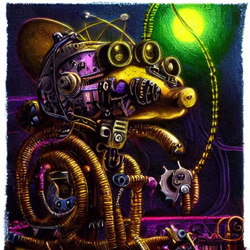 Image similar to steampunk rat, acid, 303, psychedelic, by paul lehr