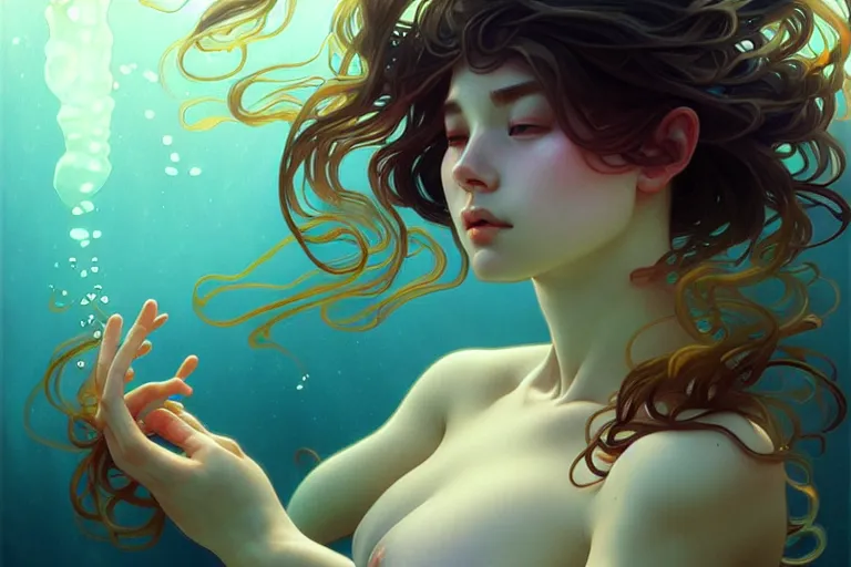 Prompt: beautiful underwater portrait, highly detailed, digital painting, artstation, sharp focus, illustration, art by tan zi and ayanamikodon and alphonse mucha and wlop