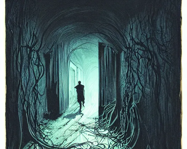 Prompt: in this ominous scene, we see a long twisting corridor leading to a door with light spilling beneath it, a mysterious ghostly figure passes through old wallpaper, art by bernie wrightson, foreboding, creepy, dusty, abandoned, colorful, blue and gold color scheme, masterpiece, old vines on the floor, large clear silhouette casting a long dark shadow, yellowing wallpaper