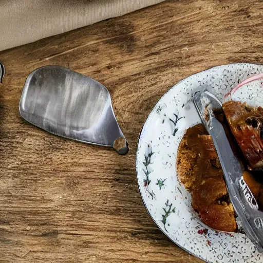 Image similar to a fork, a plate and a knife on a wooden table