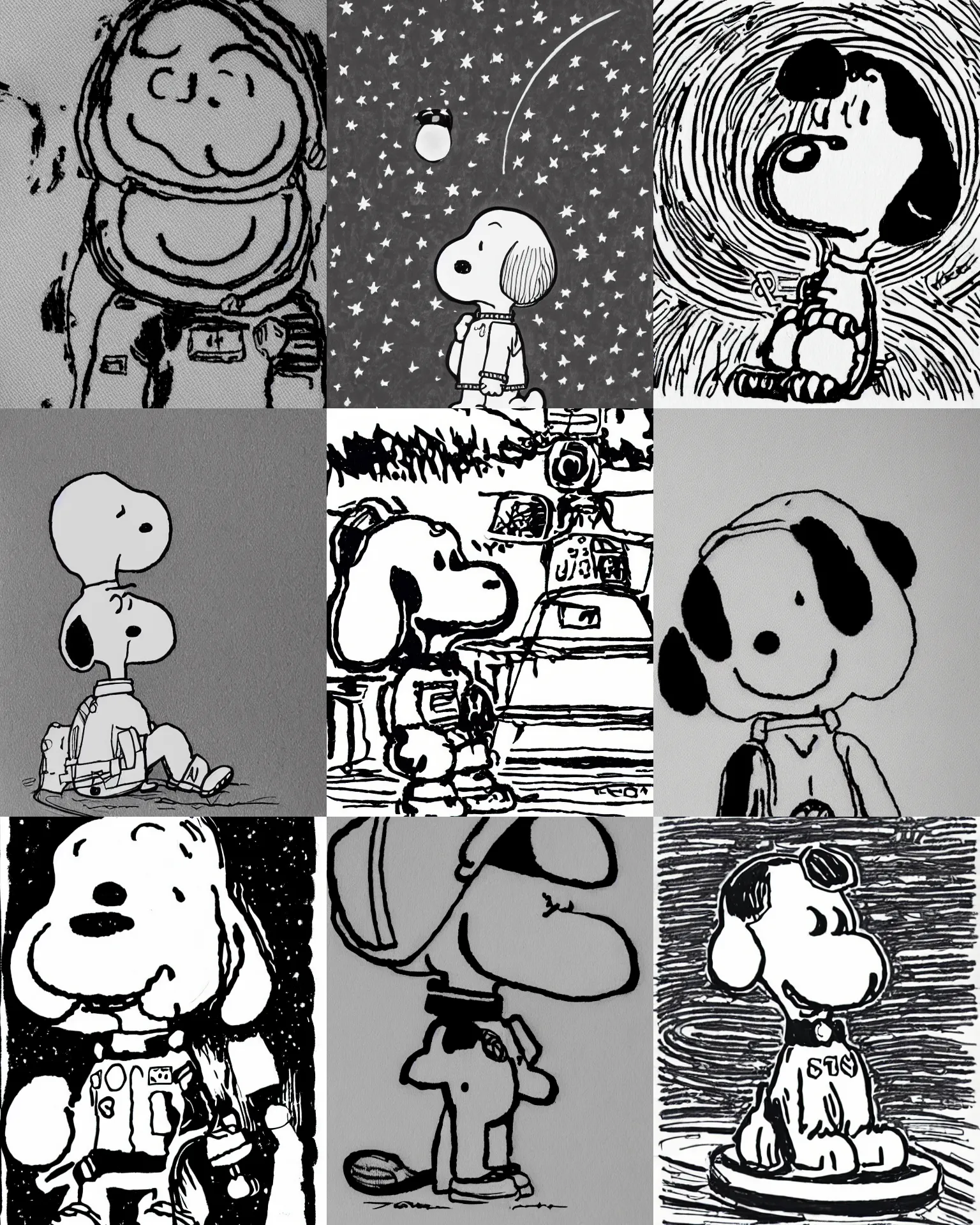 Prompt: close up portrait of snoopy in a space suit, line drawing, black and white, by charles m. schulz, very consistent, very peanuts, very snoopy