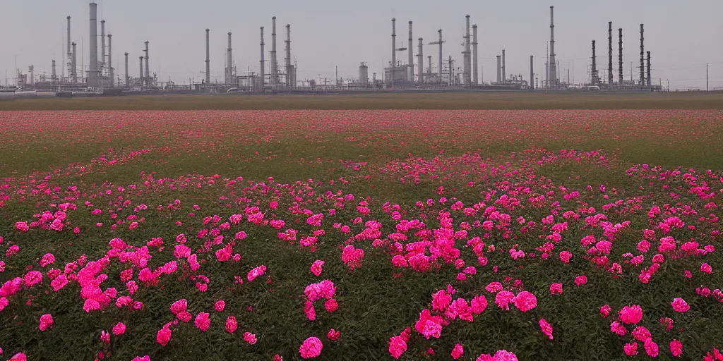 Image similar to a beautiful big field of rosses with in the background industry buildings with dirty smoke fire oil refinery, global illumination, by zeng fanzhi