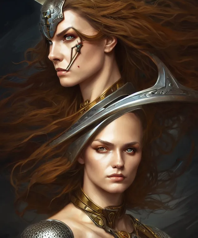 Image similar to Muscular and powerful medieval knight woman portrait, sci-fi, amber eyes, face, long hair, fantasy, intricate, elegant, highly detailed, digital painting, artstation, concept art, smooth, sharp focus, illustration, art by artgerm and greg rutkowski and alphonse mucha