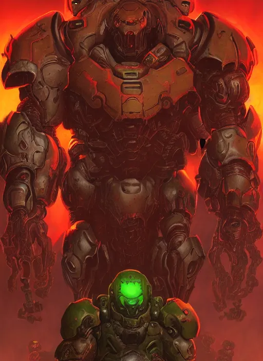 Image similar to ( doom ) cover featuring doom slayer!! doom marine!! surrounded by demons, by kenneth scott, artstation, vivid gaze