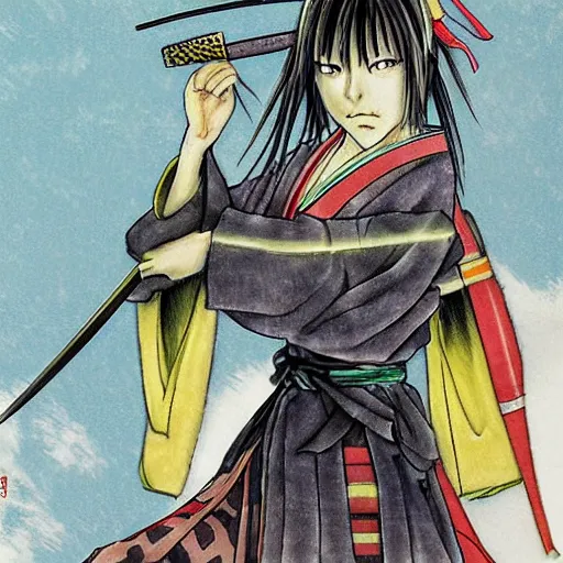 Image similar to anime samurai girl by takehiko inoue, colorful