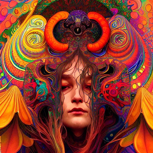 Image similar to An extremely colorful psychedelic experience, warping time and space, magic mushrooms, psilocybin, LSD, face, detailed, intricate, elegant, highly detailed, digital painting, artstation, concept art, smooth, sharp focus, illustration, art by Krenz Cushart and Artem Demura and alphonse mucha