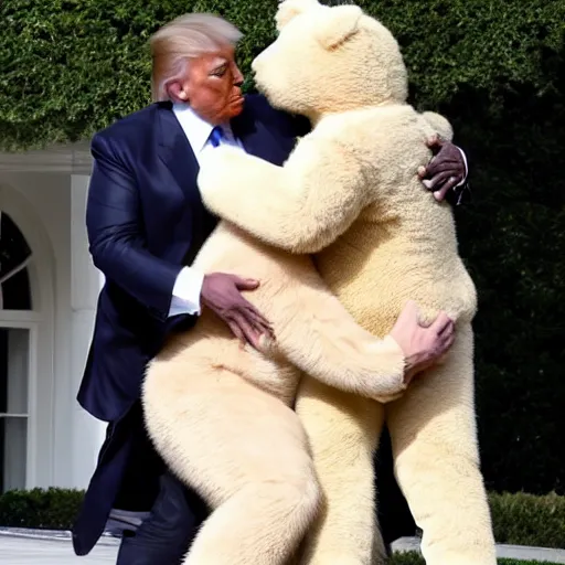 Image similar to kanye west giving donald trump a big bear hug in front of the white house while kanye smells trumps hair