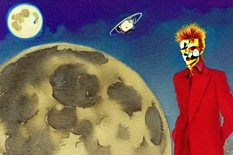 Image similar to a hyperrealist watercolour character concept art portrait of david bowie on a full moon well lit night in las vegas. a ufo is in the background. by rebecca guay, michael kaluta, charles vess and jean moebius giraud