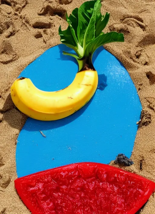 Prompt: a polymorphic jeff goldblum banana tomato raspberry on the sand of a beach