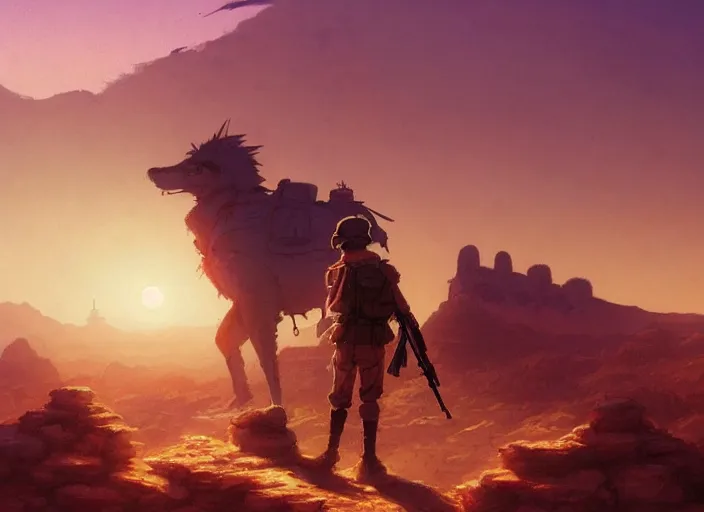 Image similar to detailed concept art background studio ghibli, soldier roaming through desert with city in the skyline, two suns, purple orange colors, sharp focus, illustration, highly detailed, digital painting, concept art, matte, art by wlop and artgerm and greg rutkowski, masterpiece