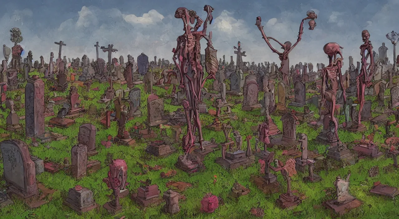 Prompt: colorful! graveyard statue in the style of dariusz zawadzki and simon stalenhag, bones, full - size, graves in the background