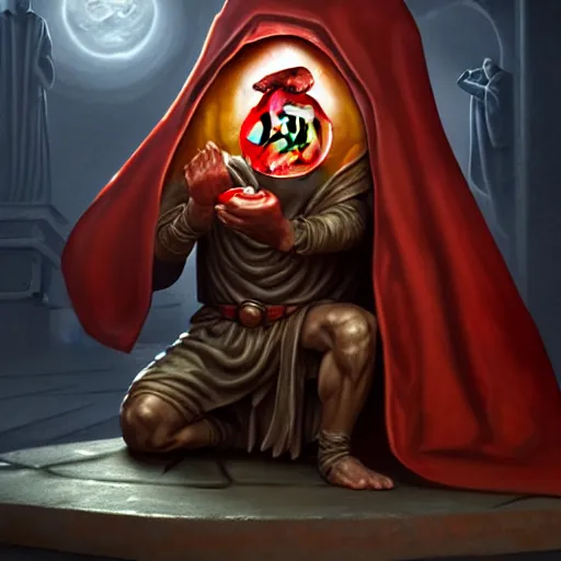 Image similar to a hooded cultist is stabbing a tomato placed on an altar, in front of a stone statue of a forgotten god, by patrick mcenvoy and michael komarck and fantasy flight, incredible quality, trending on artstation