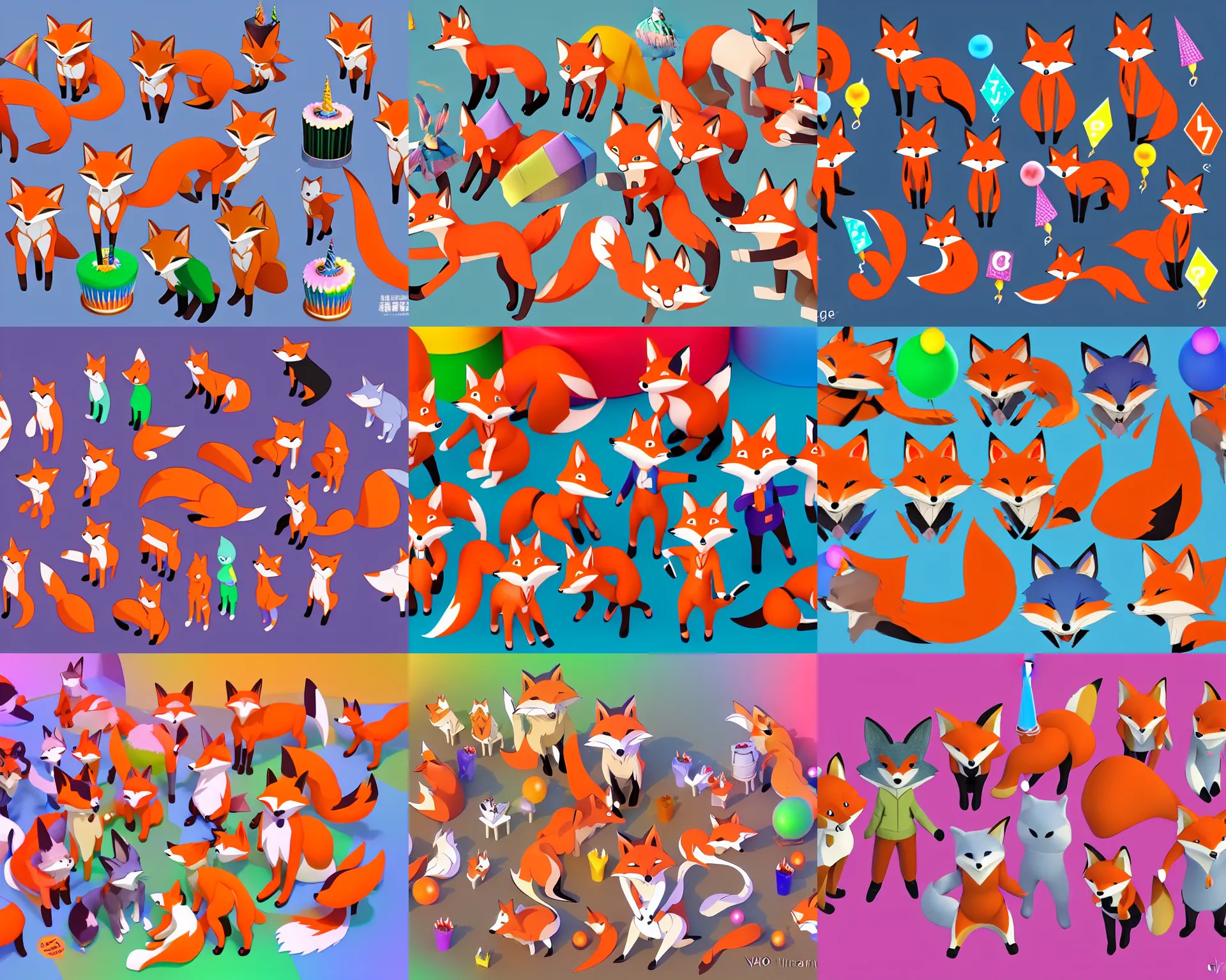 Prompt: a bunch of foxes of different colors celebrating a birthday party, isometric 3d, ultra hd, character design by Hayao Miyazaki, cosplay, dynamic lighting, intricate detail, summer vibrancy, fur visible, cinematic