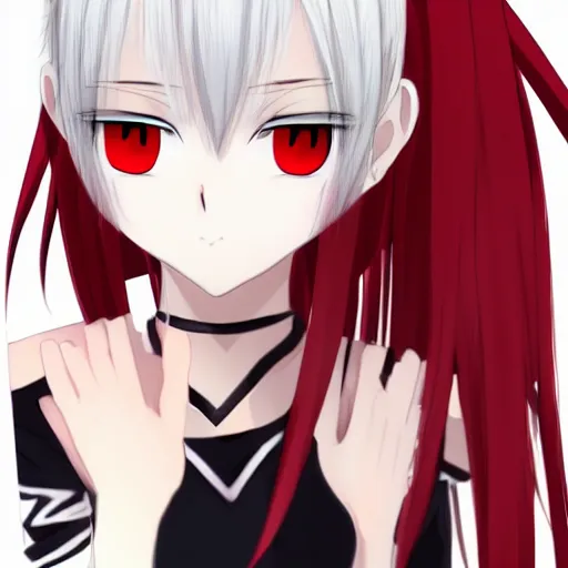 Prompt: white hair red eyes two small horn on the head anime style anime girl