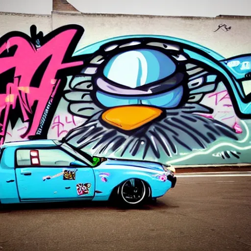 Prompt: a seagull driving a drift car, cartoon, graffiti on a wall, award-winning, coherent