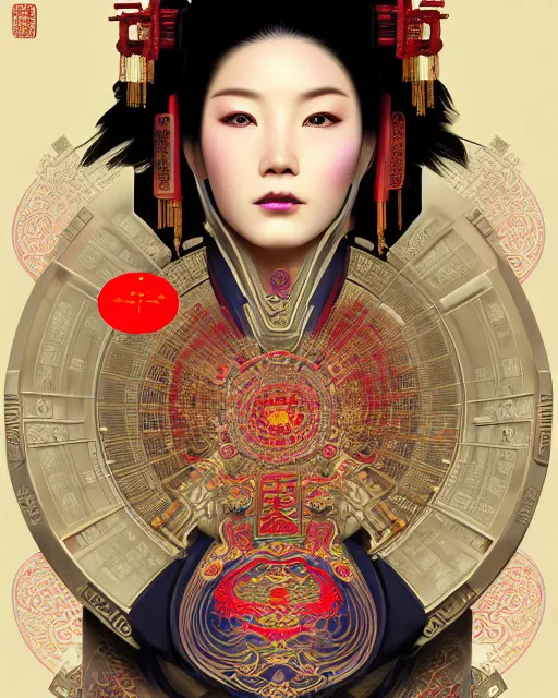 Image similar to portrait of a chinese cyberpunk machine, machine face, robed, upper half portrait, decorated with chinese opera motifs, regal, asian, fine china, wuxia, traditional chinese art intricate intense elegant 京 剧 highly detailed digital painting artstation concept art smooth sharp focus illustration, art by artgerm and greg rutkowski alphonse mucha 8 k