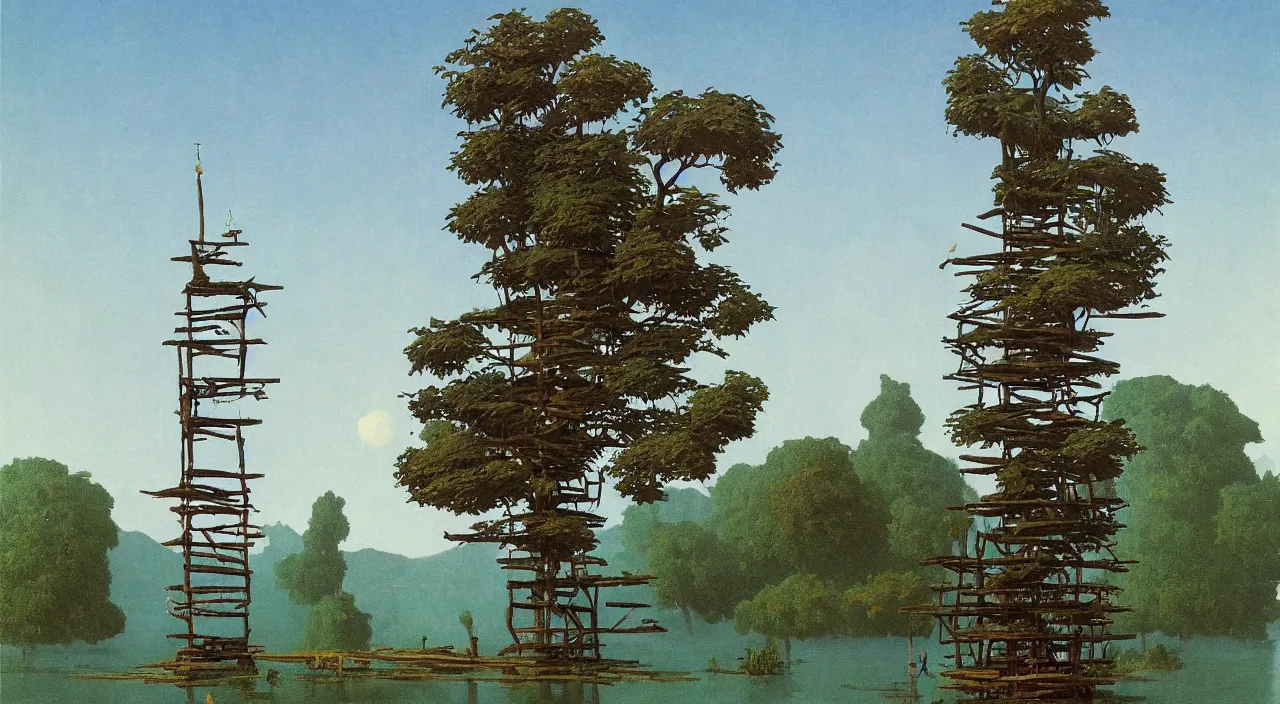 Image similar to single flooded simple wooden tree tower!, very coherent and colorful high contrast!! masterpiece by rene magritte simon stalenhag carl spitzweg syd mead norman rockwell edward hopper james gilleard, minimalist, dark shadows, sunny day, hard lighting