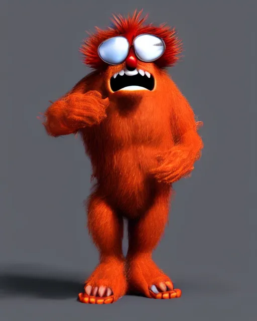 Image similar to 3 d render of completely red hairy friendly antropomorphic creature wearing chrome shades, without nose, full body, standing on 2 feet, in the style of pixar, white background, unreal engine 5, octane render, highly detailed hdr