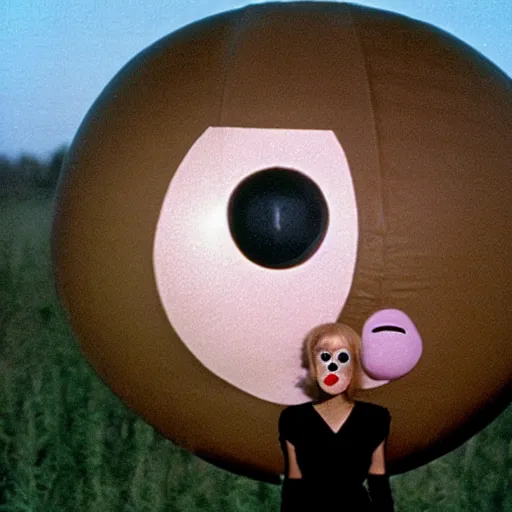 Prompt: glamorous woman with an inflatable spherical prosthetic nose, cardboard googly eyes, 1 9 7 5, color, tarkovsky, medium - shot 1 6 mm film, in meadow