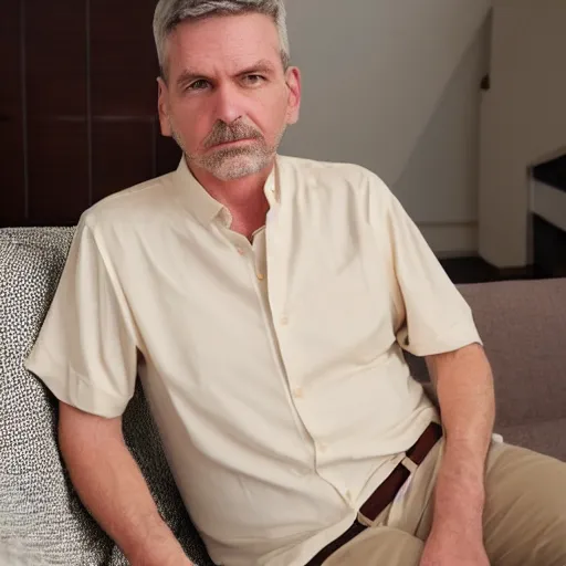 Image similar to full body photo of steve, mature male, mysterious face. he is a doctor. he is sitting gracefully on a sofa, elegant slim beige shirt. he has stately tummy