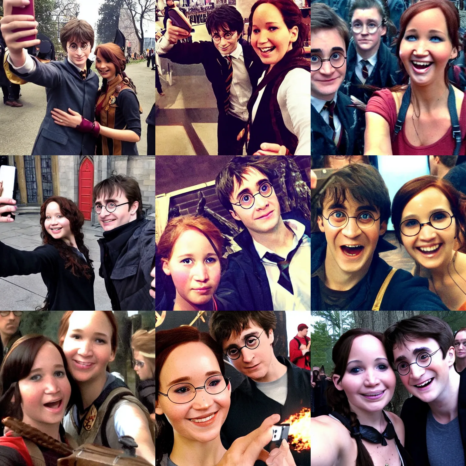 Prompt: Harry Potter takes a selfie with Katniss Everdeen