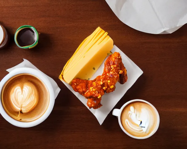 Prompt: hot wings covered in cheese next to a cup of coffee , Cinematic shot, 8k resolution