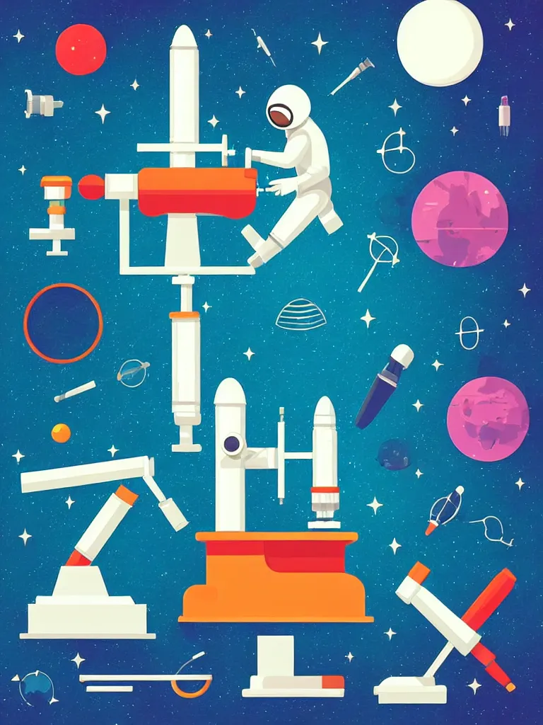 Image similar to ( ( strong dither ) ), editorial illustration scientific lab test tube telescope microscope astronaut, colorful modern, mads berg