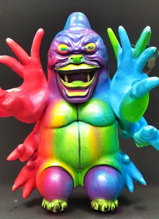 Image similar to kaiju sofubi, rainbow colored, spray painted