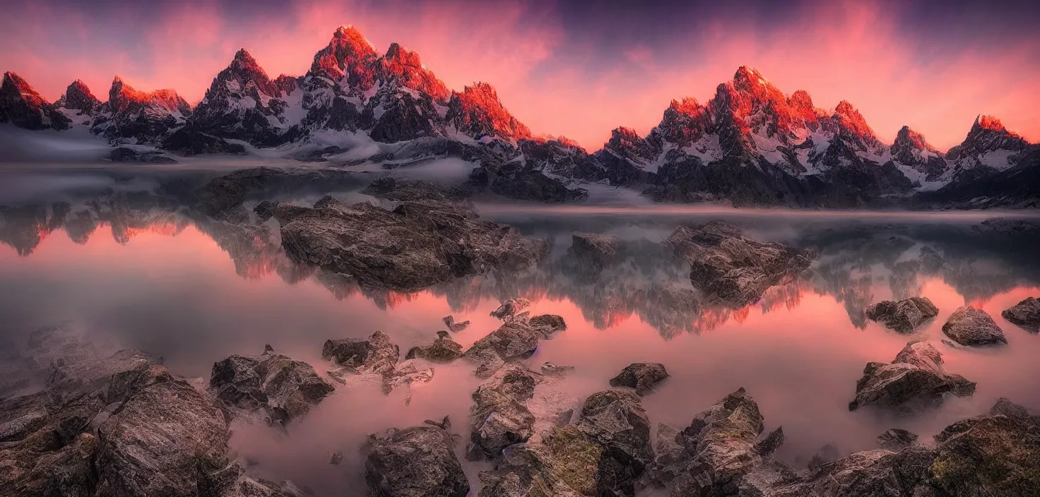 Image similar to amazing landscape photo of mountains with lake in sunset by marc adamus, beautiful dramatic lighting