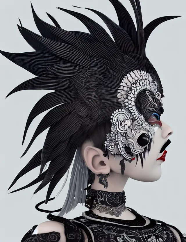 Image similar to 3 d goddess close - up profile portrait punk with mohawk with ram skull. beautiful intricately detailed japanese crow kitsune mask and clasical japanese kimono. betta fish, jellyfish phoenix, bio luminescent, plasma, ice, water, wind, creature, artwork by tooth wu and wlop and beeple and greg rutkowski