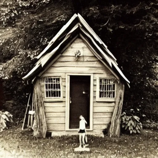 Image similar to A vintage photo of a witches hut with a witch standing on the Porch, 70s, vintage, old