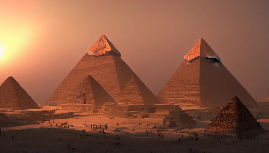 Prompt: Sunrise behind the Giza pyramid complex, hyperdetailed, artstation, cgsociety, 8k